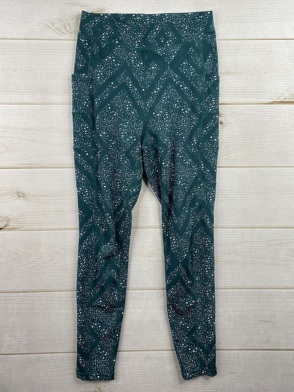 POP FIT Leggings Womens L Green Splatter Leg Pockets Logo Pull On Yoga Running